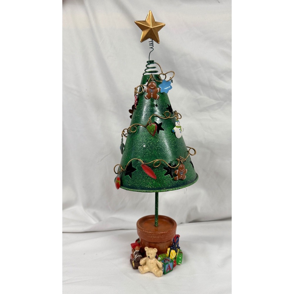 Christmas Tree Metal Luminary Tealight Holder Charms Figural Base Green